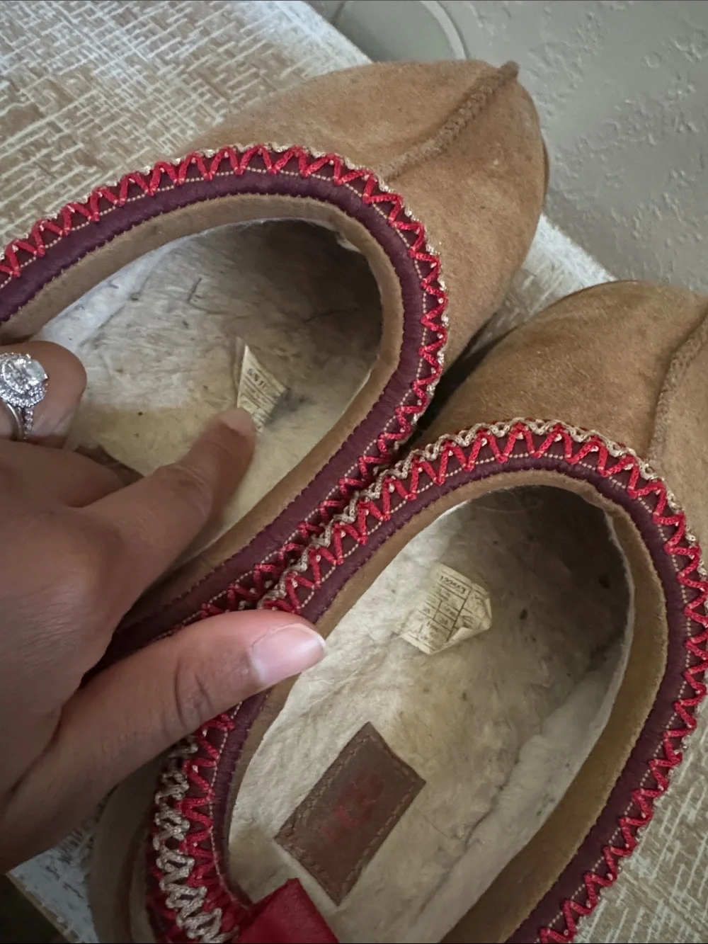 UGG Chestnut Suede Slip-On Clog with Red Trim